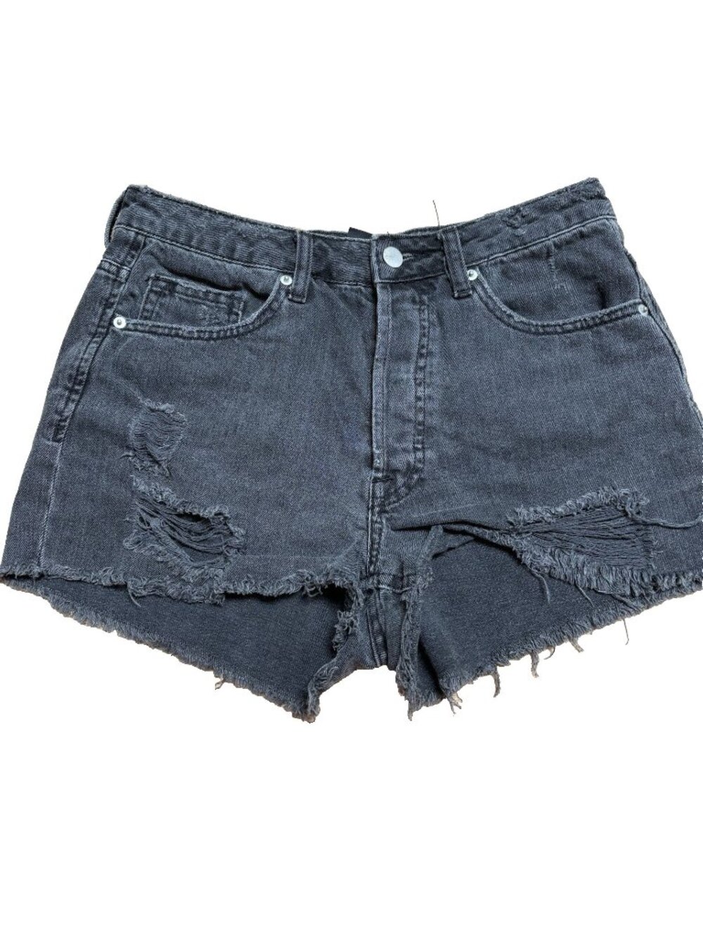H&M Black Denim Shorts Women's Size 8, Distressed Frayed, Patch, Button Fly